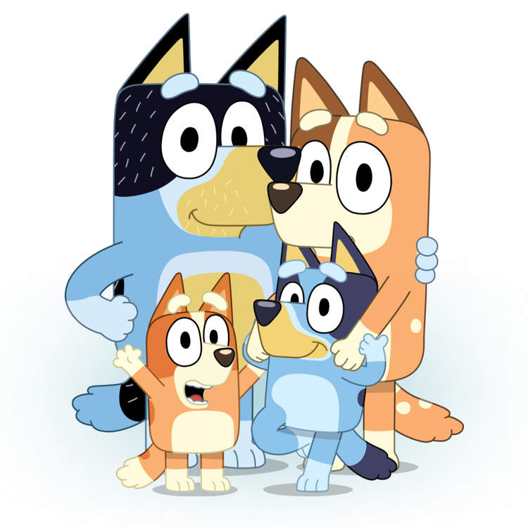 Bluey family characters close together and smiling.